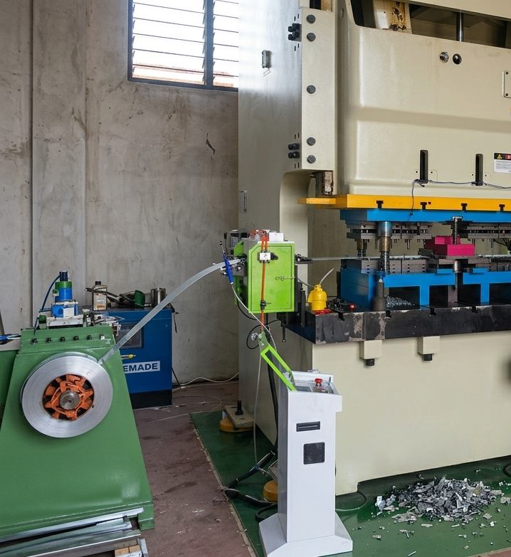 Alooh Electricals factory — New Orient punch press in operation, Tema Ghana