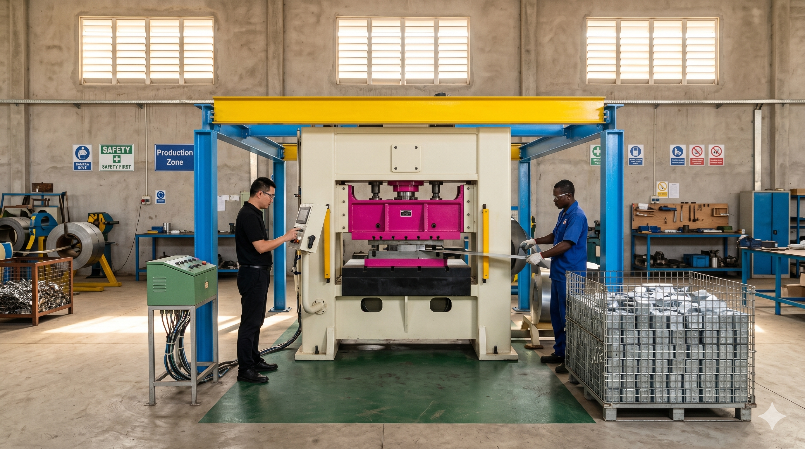 Alooh Electricals factory — New Orient punch press in operation, Tema Ghana